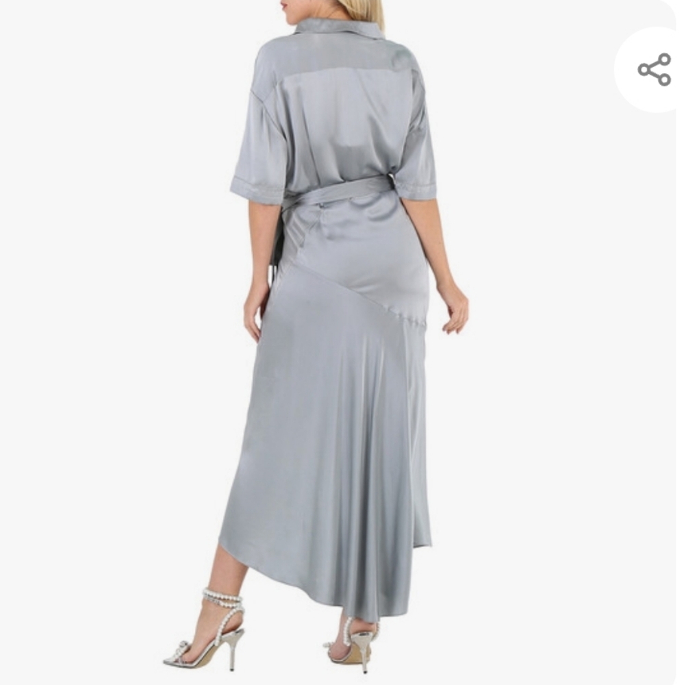 Burberry NEW Emily Mineral Blue 100% SILK Satin Tie Waist Shirt Dress Size 10 - Picture 5 of 16